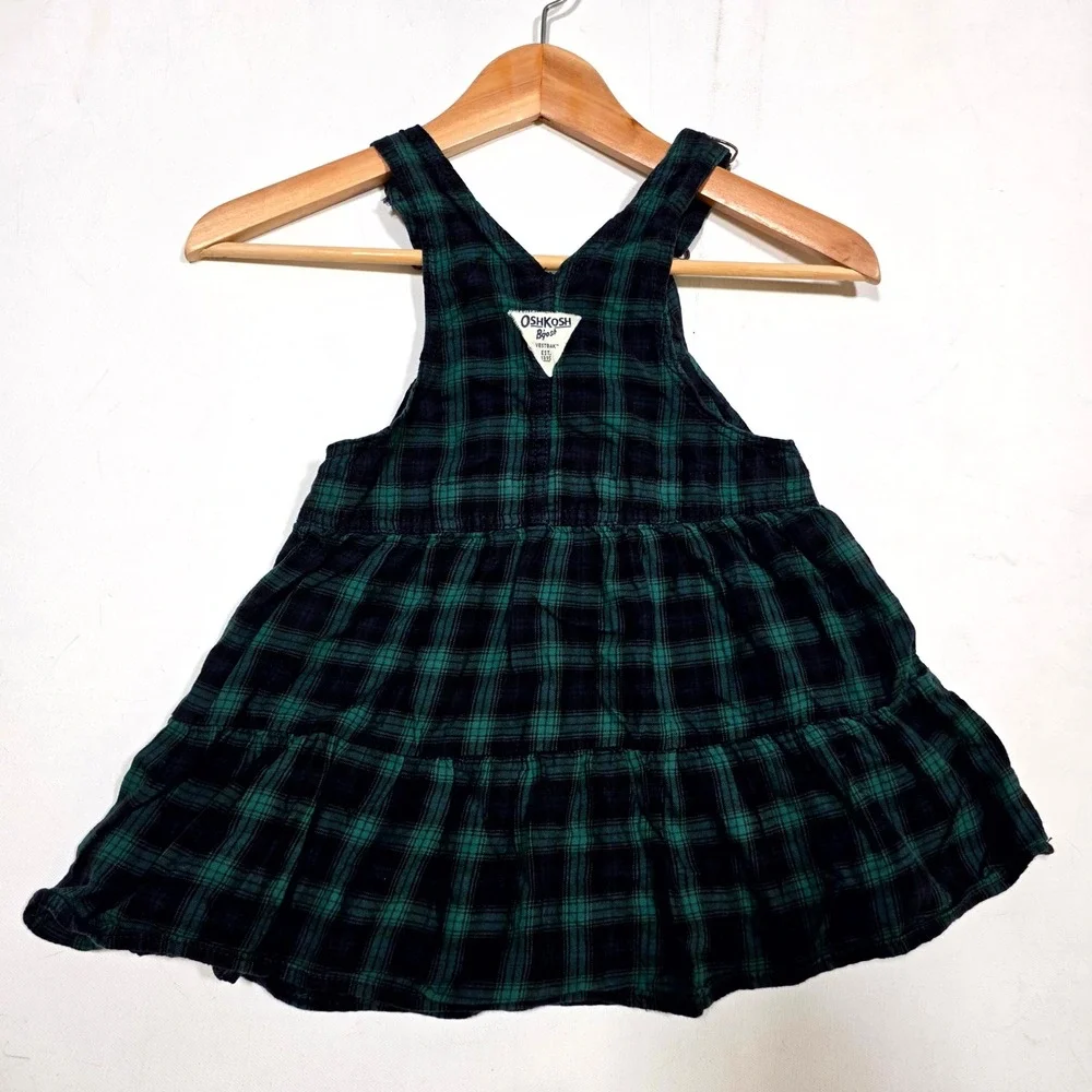 OshKosh B'gosh Plaid Jumper Dress Toddler 4T Green Black Watch Tartan Vestbak